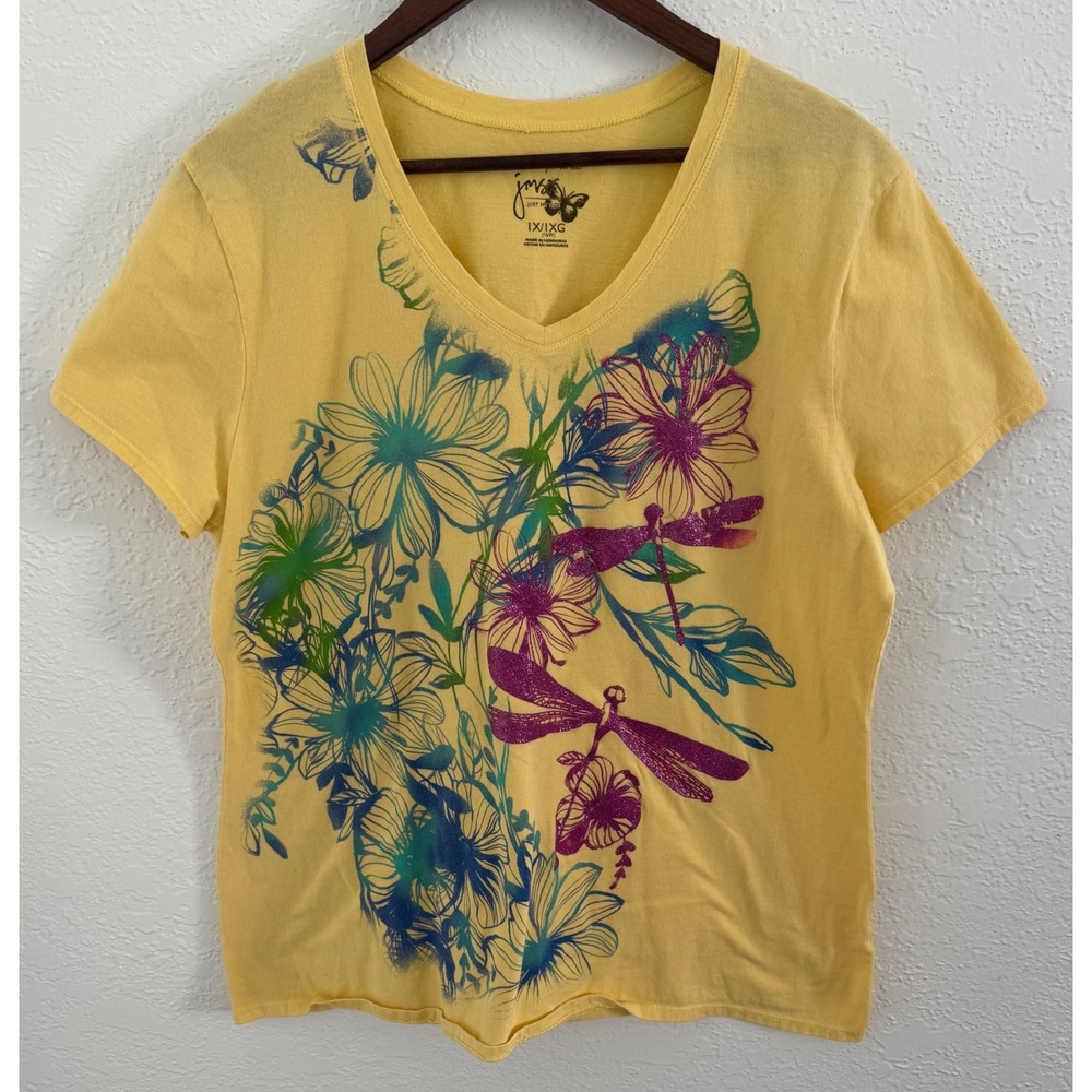 Just My Size Hanes Top Yellow Women's 1X 16W Plus Tee Glitter Floral Dragonflies